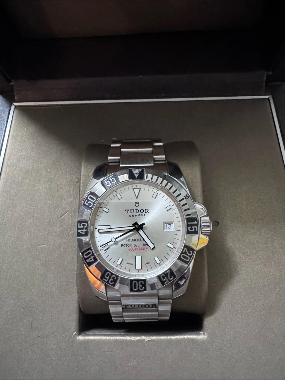 Tudor Stainless Steel Dive Watch with Silver Dial and Black Bezel model #25600